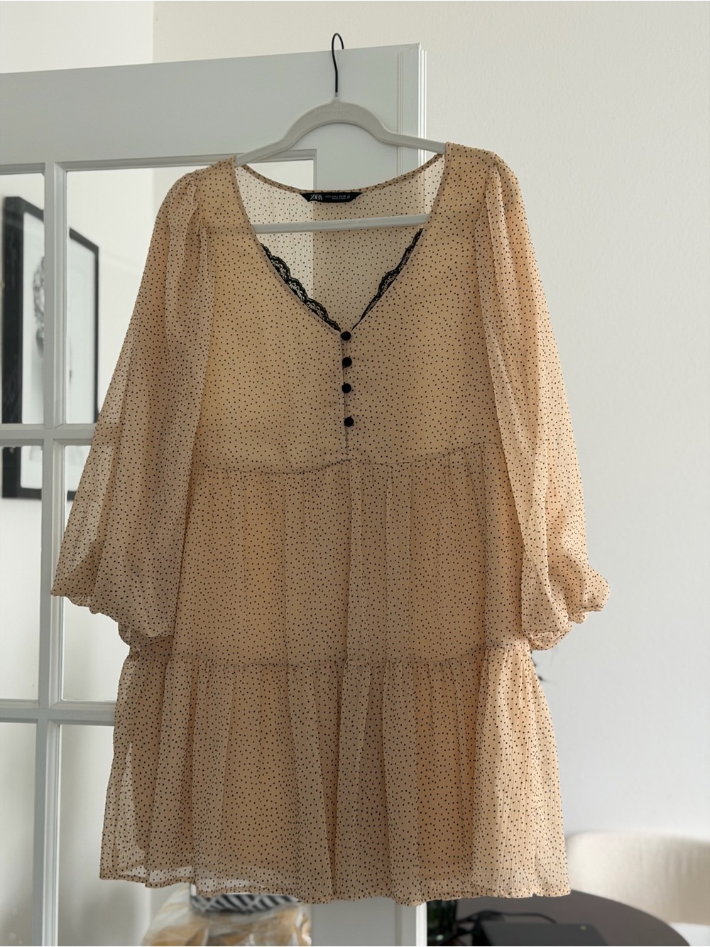 Zara Cream Polka Dot Mini Dress with Black Lace Trim